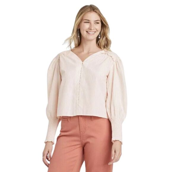 A New Day Women's Peach Striped Long Bishop Sleeve Poplin Top Large - Picture 1 of 11